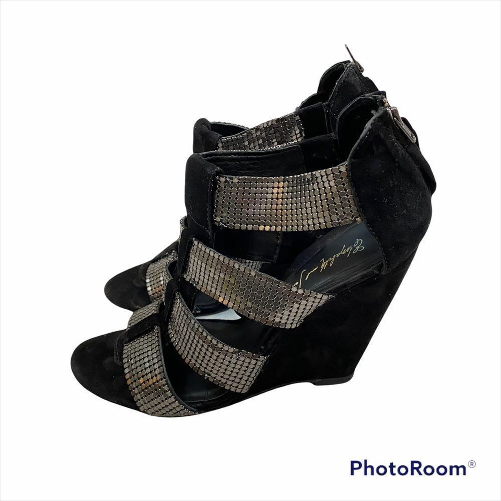 Elizabeth and James Black Suede and Metal Wedges with Zippers Size 6.5
